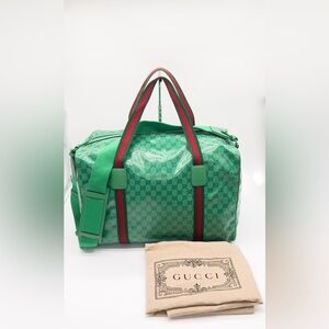 0430JPL New Gucci GG Web Duffle Bag in Green GG Supreme Crystal Coated Canvas